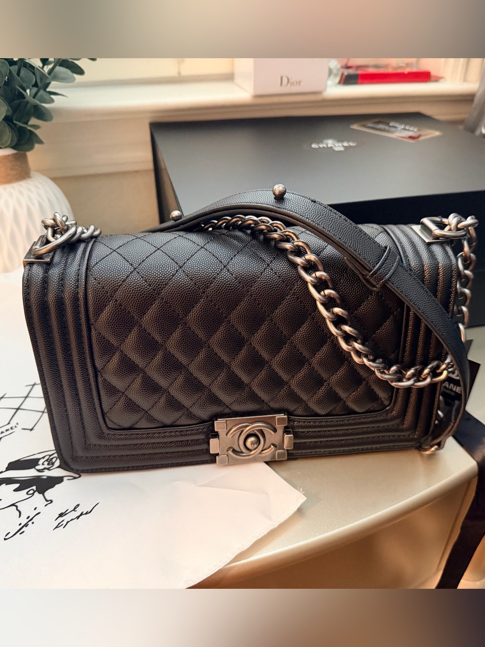 Black Quilted  Shoulder Bag with Silver-Tone Chain